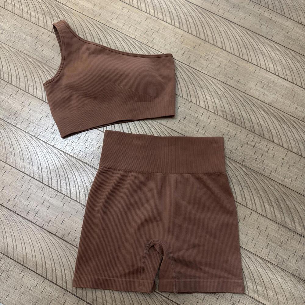 OQQ Workout Outfit for Women 2 Piece Seamless Ribbed High Waist Leggings, Medium